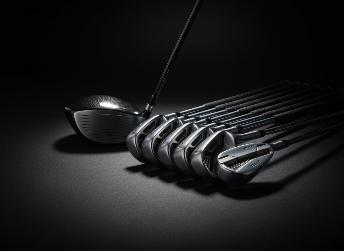 Premium golf clubs arranged on a dark background