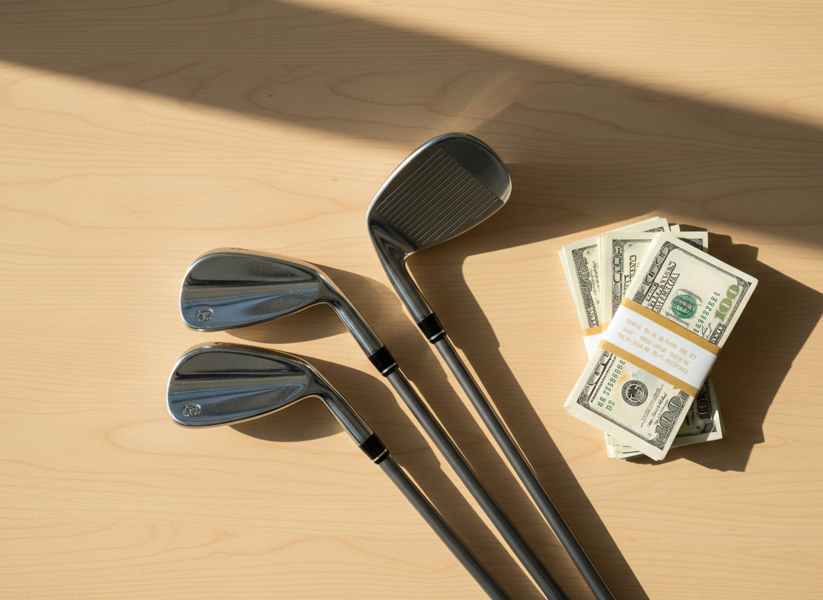 Golf clubs laid out on a table next to a neat stack of cash dollar bills, top-down flat lay shot, natural warm lighting, no people, clean wooden surface, realistic photography style, professional product photo